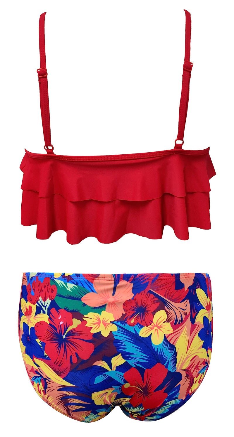 SHEKINI Girls Floral Printing Bathing Suits Ruffle Flounce Two Piece Swimsuits (Rose Red - B, 10-12 Years) - Image 2